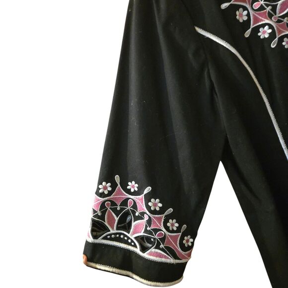 Bob Mackie Wearable Art Jacket Size L Black & Pink Embroidered Stretch Cut Outs - Picture 3 of 11
